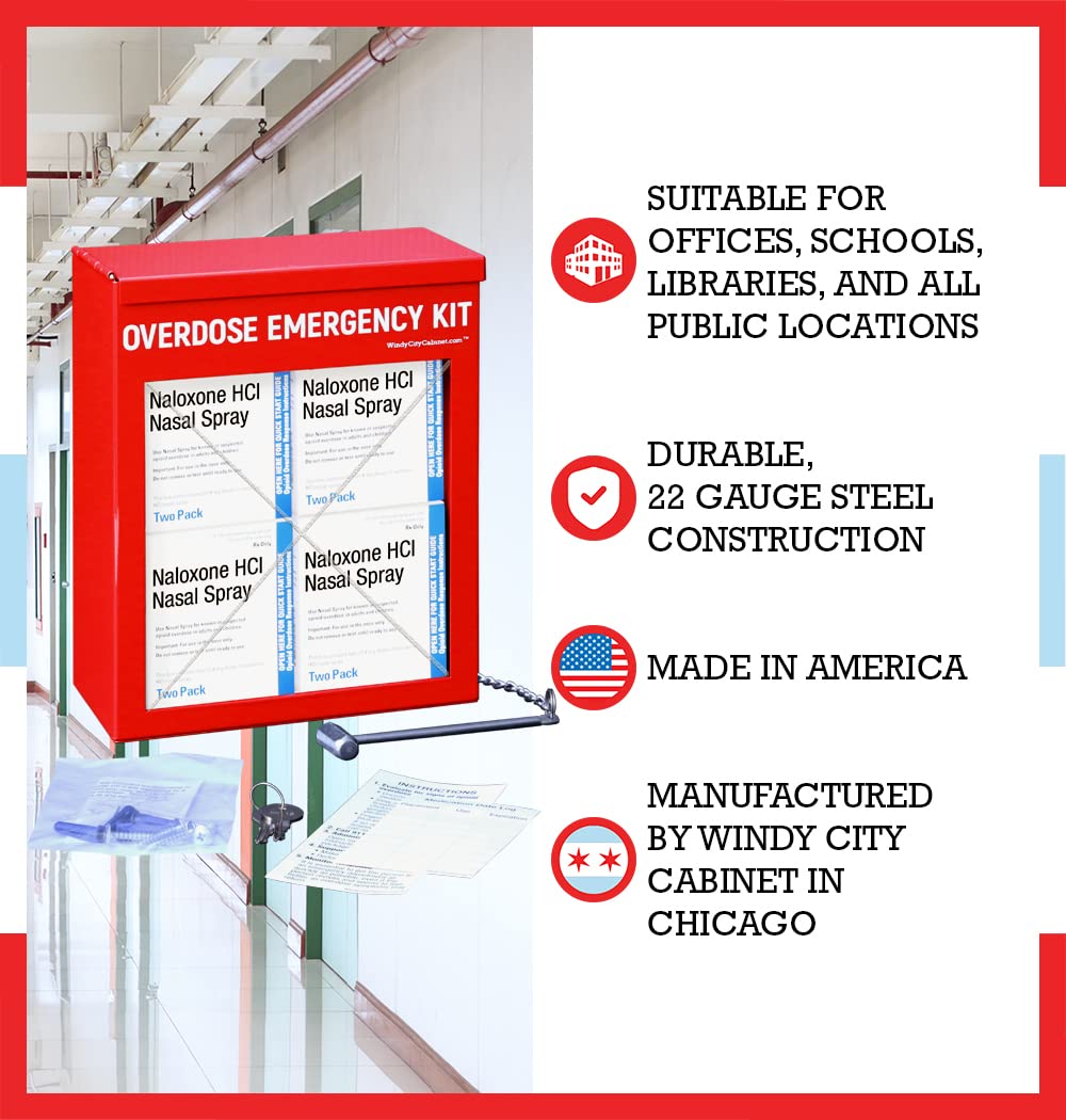 Windy City Cabinet Overdose Emergency Kit Cabinet - High Visibility & Secure, 22 Gauge Steel, Wall Mountable with Acrylic Window - Break Hammer with Optional Lock & Key - Universal Capacity
