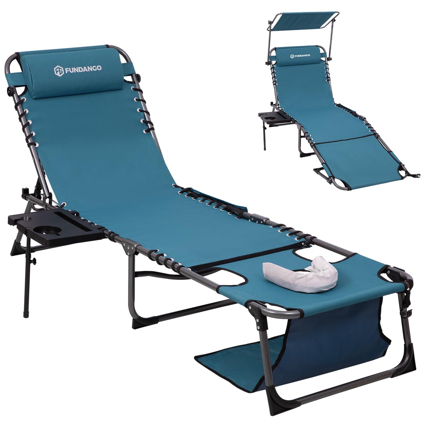 FUNDANGO Heavy Duty Tanning Chair with Face Hole & Canopy, 400lbs Beach Lounge Chair with Side Table, 5-Position Sun Lounger for Outdoor Patio Pool-Face Down Chaise with Anti-Pinch Safety Lock,Cyan