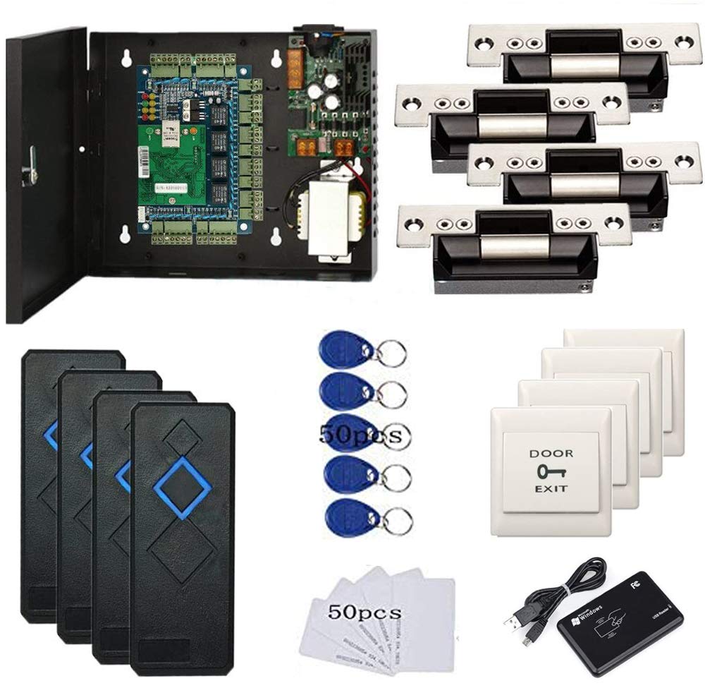 MENGQI-CONTROL 4 Doors Access Control Security Kits with North American ANSI Standard Strike Lock 110V Power Supply Box RFID Reader RFID Card & Key Fob TCP/IP Based Phone APP Remotely Open Door