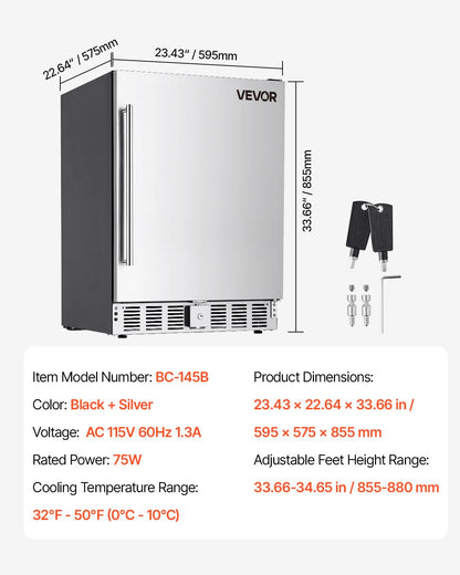 VEVOR 24-Inch Outdoor Beverage Refrigerator, 150 QT Built-in Drink Fridge, 0.56 kWh/Day Energy-Efficient Cooler with 304 Stainless Steel Door, Holds 180 Cans for Outdoor Kitchen, Home Bar, Patio