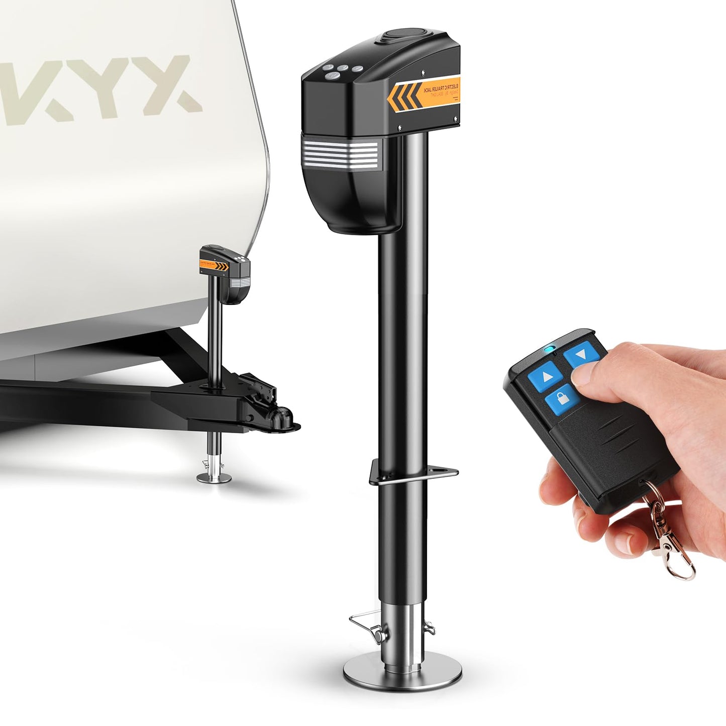 KYX Electric Trailer Jack 5000lb, with Remote, Heavy Duty RV Electric Tongue Jack, 9.84"-33.85" Lift, Manual Crank Handle & Jack Cover for RVs & Travel Trailers, Black