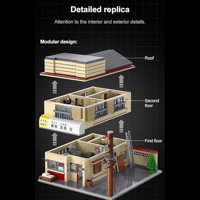 Japanese Street View House Building Blocks -MOC Street View Modular Architecture Initial-D 25th Anniversary Construction Building Toy Set for Adult 1908 Pieces