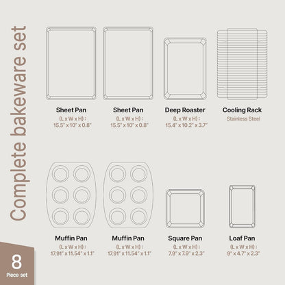 BAKKEN 8-Piece Nonstick Baking Pans Set - Professional Gray Marble Bakeware with Silicone Handles | Oven & Dishwasher Safe