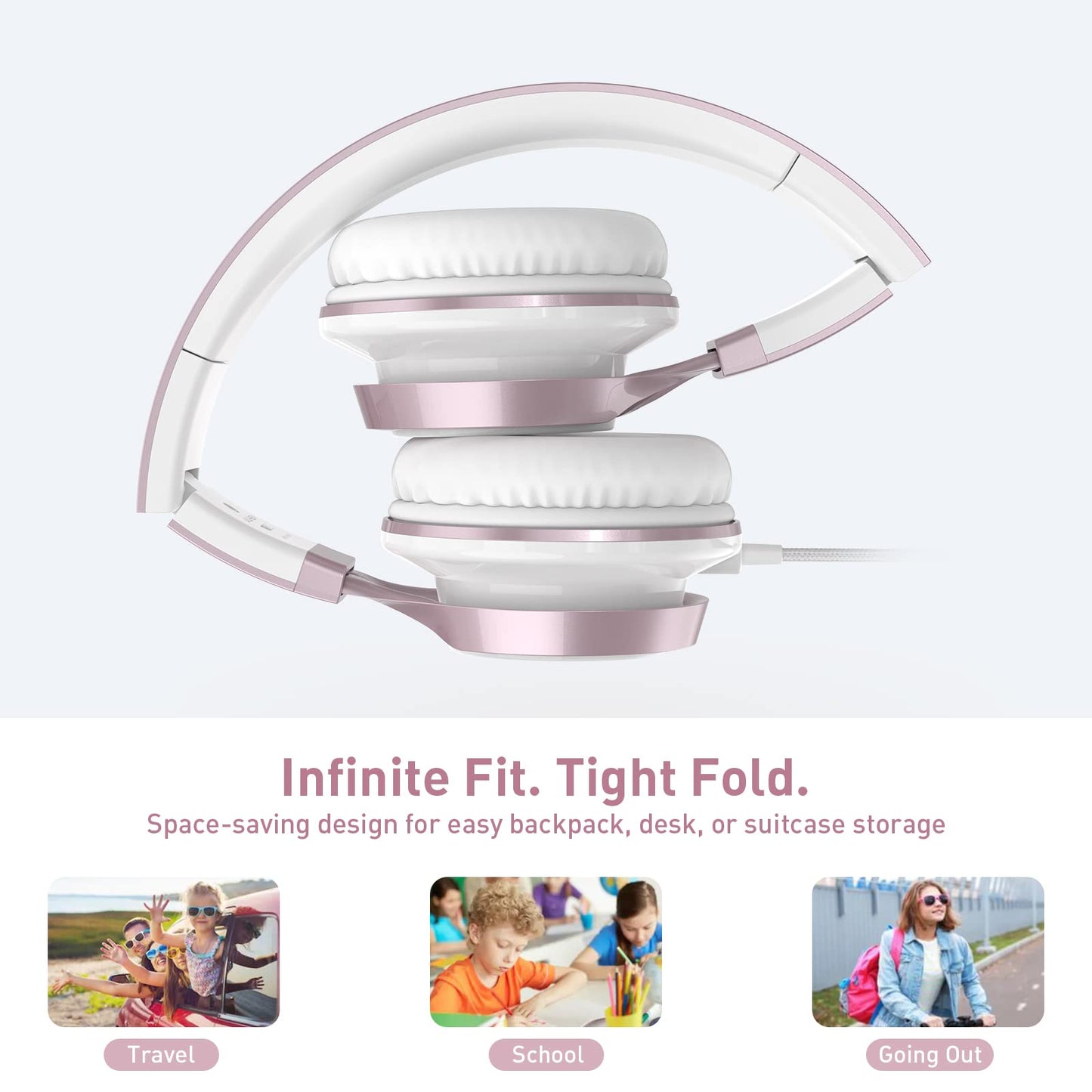 AILIHEN Wired Headphones with Mic, Girls Headphones for School, On-Ear Headsets for Chromebook Laptop Computer, Foldable Adjustable Teen Kids, Plug in Corded Headsets with 3.5mm Jack (Rose Gold)