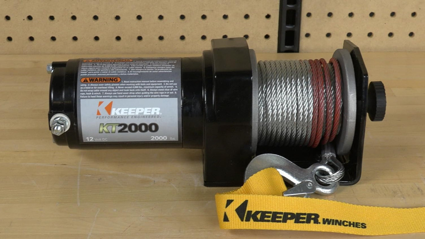 KEEPER KT2000 12V Electric Winch, 2,000 lb. Capacity, Wire Rope with Hook, Free-Spool Clutch, ATV & Trailer Mounting, Handheld Control