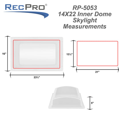 RecPro RV Skylight Inner Dome, Clear Window, 14in x 22in, Model RP-5053, White