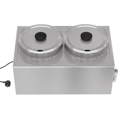 KoolMore Commercial Bain Marie Countertop Food Warmer, Soup Station, and Buffet Table Server with Two Serving Pots and Tap, Stainless-Steel Steamer with Auto Shut Off (CFW-4T), Silver