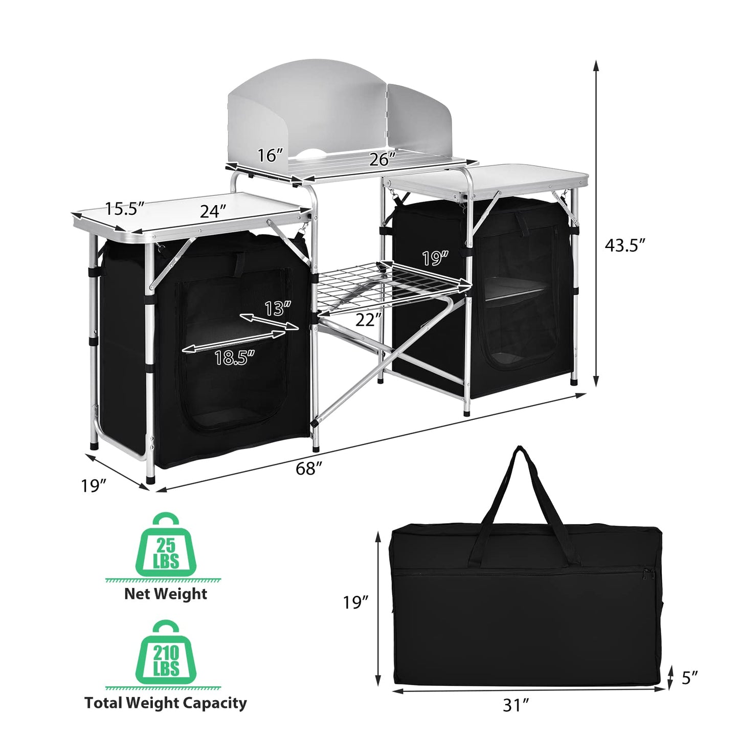 GYMAX Folding Camping Table, Portable Kitchen Table with 2 Zipper Organizer Shelf & Wind Screen, Foldable Cooking Table for Camping Hiking Picnic BBQ (Black)