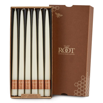 Root Candles 12-Count Unscented Taper Candles Smooth Hand-Dipped Dripless Beeswax Enhanced Boxed Candle Set, 12-Inch, Ivory