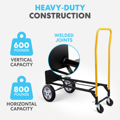 Simpli-Magic 2 in 1 Convertible Hand Truck and Dolly, 800LBS – Heavy-Duty Moving Dolly Cart with 10" Flat Free Rubber Wheels & Handle