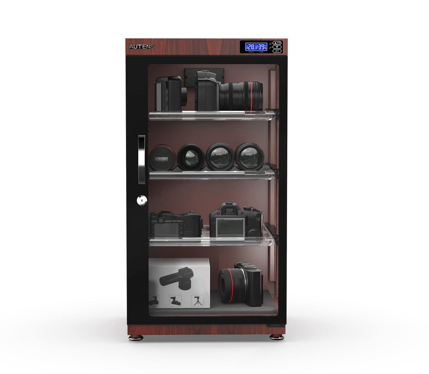 AUTENS 105L Dehumidifying Dry Cabinet Box, Wood grain Design Digital Control Noiseless and Energy Saving,4 layer for Camera Lens and Electronic Equipment Storage,Temperature Humidity LED Dual Screen