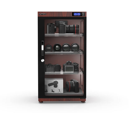 AUTENS 105L Dehumidifying Dry Cabinet Box, Wood grain Design Digital Control Noiseless and Energy Saving,4 layer for Camera Lens and Electronic Equipment Storage,Temperature Humidity LED Dual Screen