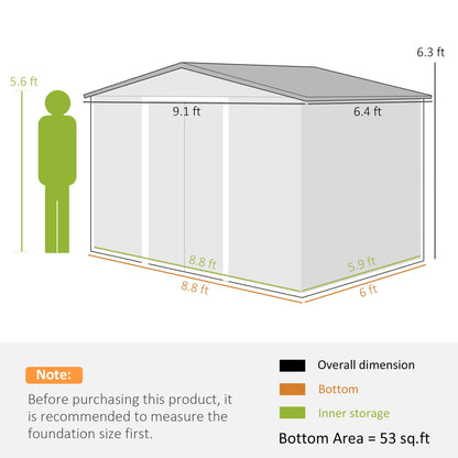 Outsunny 9' x 6' Outdoor Storage Shed, Garden Tool Metal Shed with Foundation Kit, Double Lockable Door, Air Vents and Sloping Roof, for Backyard, Patio, Lawn, Light Gray