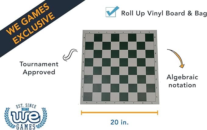 WE Games Tournament Chess Set with Deluxe Green Canvas Bag Triple Weighted Chess Pieces with 4.0 inch King Vinyl Roll-Up Chess Board 20 inches Travel Chess Set for Adults