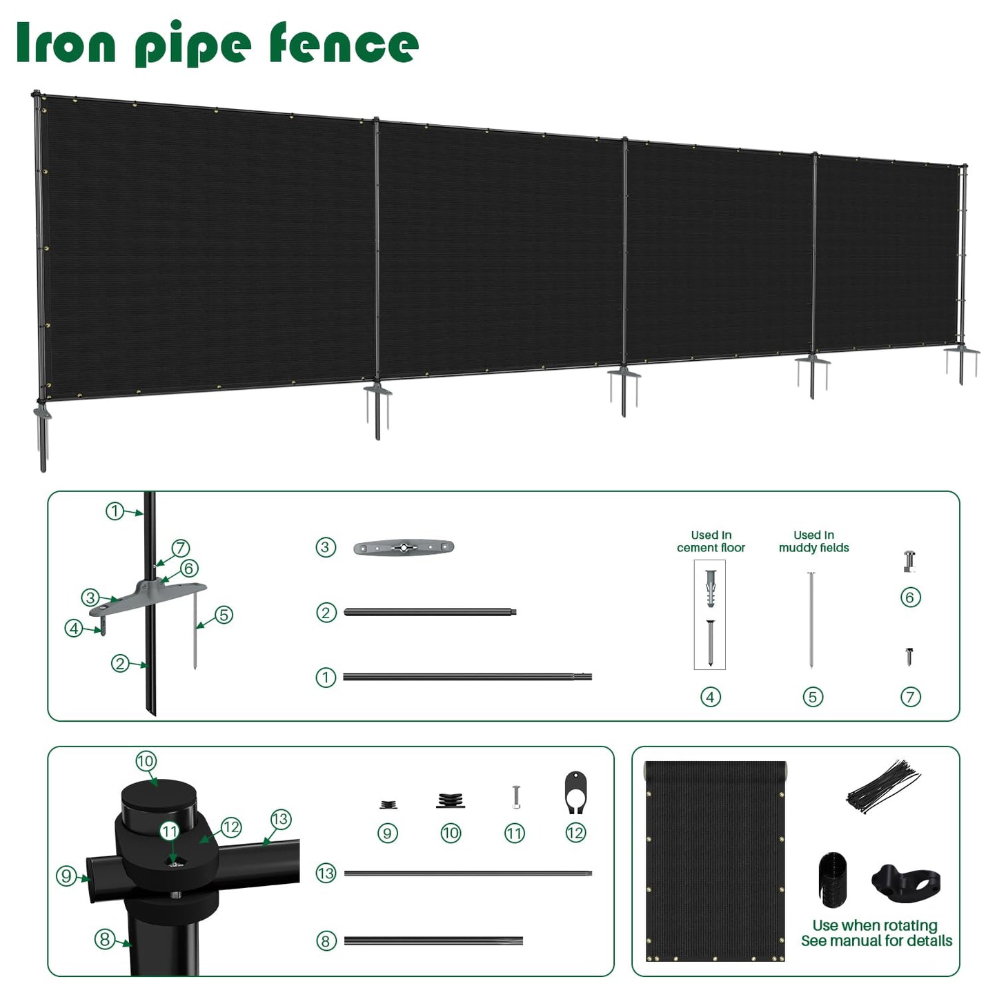 Goleray 5'Hx24'W Outdoor Freestanding Privacy Screen Fence Panels with Iron Poles, Mesh Shade Net Cover Temporary Fencing for Patio Backyard Garden Deck, Black