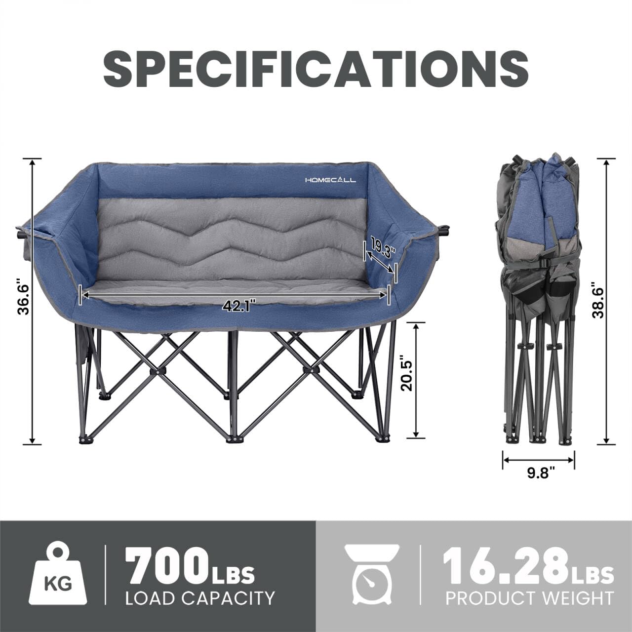 HOMECALL Oversized Double Camping Chair for Adults - Heavy Duty Folding Loveseat Support 700 lbs, Extra Wide 2 Person Camping Couch with Thick Padding, Cup Holders & Storage Bag, Blue