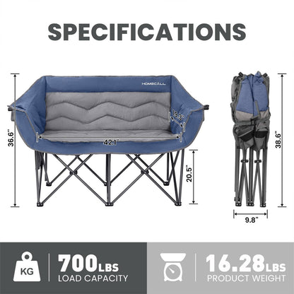 HOMECALL Oversized Double Camping Chair for Adults - Heavy Duty Folding Loveseat Support 700 lbs, Extra Wide 2 Person Camping Couch with Thick Padding, Cup Holders & Storage Bag, Blue