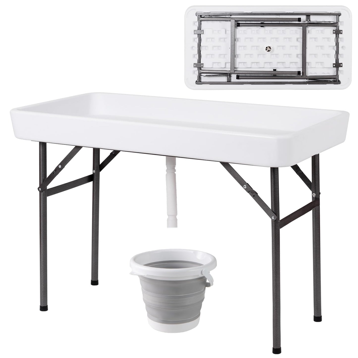 Giantex 4 FT Folding Ice Cooler Table with Drain & Bucket, Removable Skirt, No Assembly, Portable Fill and Chill Table for Food Drink Beverage, Foldable Party Ice Bin for Camping BBQ, White