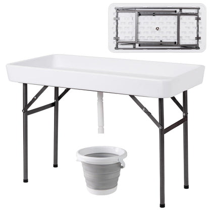 Giantex 4 FT Folding Ice Cooler Table with Drain & Bucket, Removable Skirt, No Assembly, Portable Fill and Chill Table for Food Drink Beverage, Foldable Party Ice Bin for Camping BBQ, White