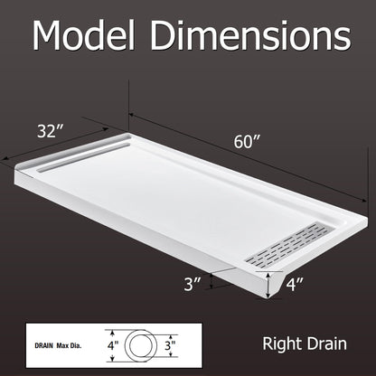 MORVANO Shower Base 60" x 32" Right Drain, Shower Pan Kit With Stainless Steel Cover, Non-Slip Acrylic in White, Brush Nickel for Bathroom