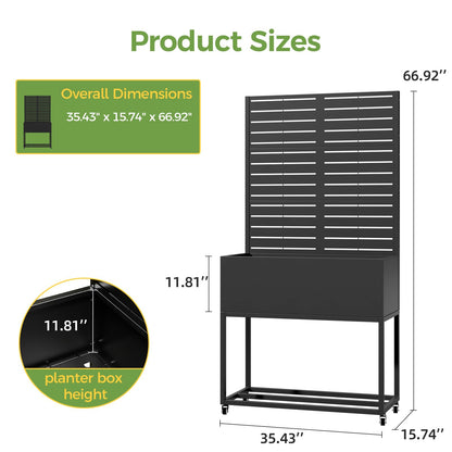Metal Planter Box with Trellis, 3 in 1 Raised Garden Bed with Trelli & Firewood Rack, Privacy Planter Screen for Climbing Plants, Vine, Outdoor Garden Standing Beds with Drainage Holes, Wheels,Black