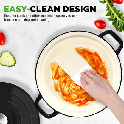 Nutrichef 6 Quart Electric Dutch Oven | 1500W 5-in-1 Enamel Coated Cast Iron Pot with Stainless Steel Lid | Precise Temperature Control | Includes 2 Silicone Pot Holders & Heat Resistant Pad | Black