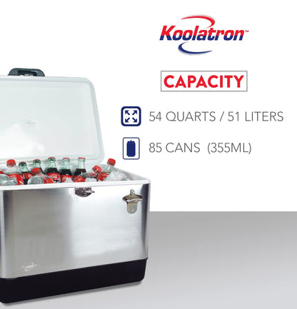 Koolatron Ice Chest Cooler - Portable Ice Bucket with Bottle Opener, Vintage Style, Insulated for Camping, Beach, Picnic, RV, BBQs, Tailgating, Fishing, Stainless Steel 85 Can Ice Box, 51L (54 qt)