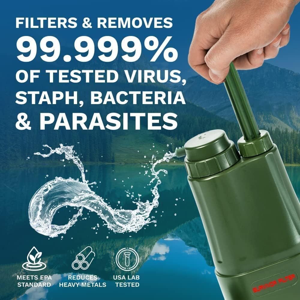 Survivor Filter PRO Extender Series – Portable Water Filter Pump with Extra Replacement Filters – Tested in USA Labs – Bacteria, Parasite and Virus Removal – Ultimate Survival & Backpacking Gear