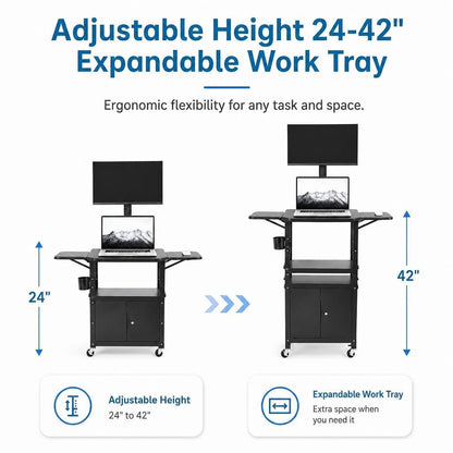 Adjustable Height AV Media Cart, 24-42 Inch Mobile Stand with Locking Storage, Extended Tray Organizer, Cable Management Wheels, for Home Office School
