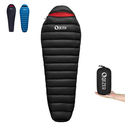 QEZER Sleeping Bag for Adults 650FP Down Mummy Sleeping Bag Cold Weather 3-Season Lightweight Compact for Camping Backpacking Hiking Travel 36°F-63°F
