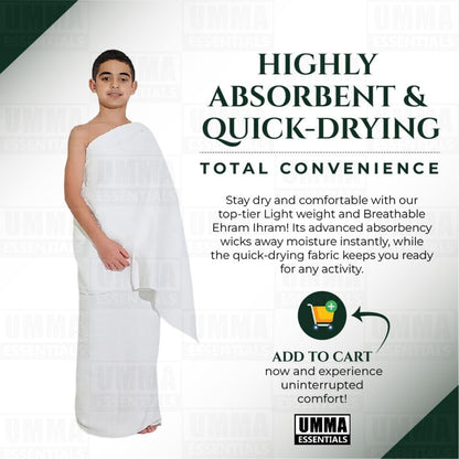 Kids Ihram Towels Set for Children – Includes Belt, 2 White Towels (75x150 cm), Ideal for Hajj and Umrah. A one-Size-fits-All Hajj Kit and Umrah Essentials for Boys’ Ihram, ehram, and ahram