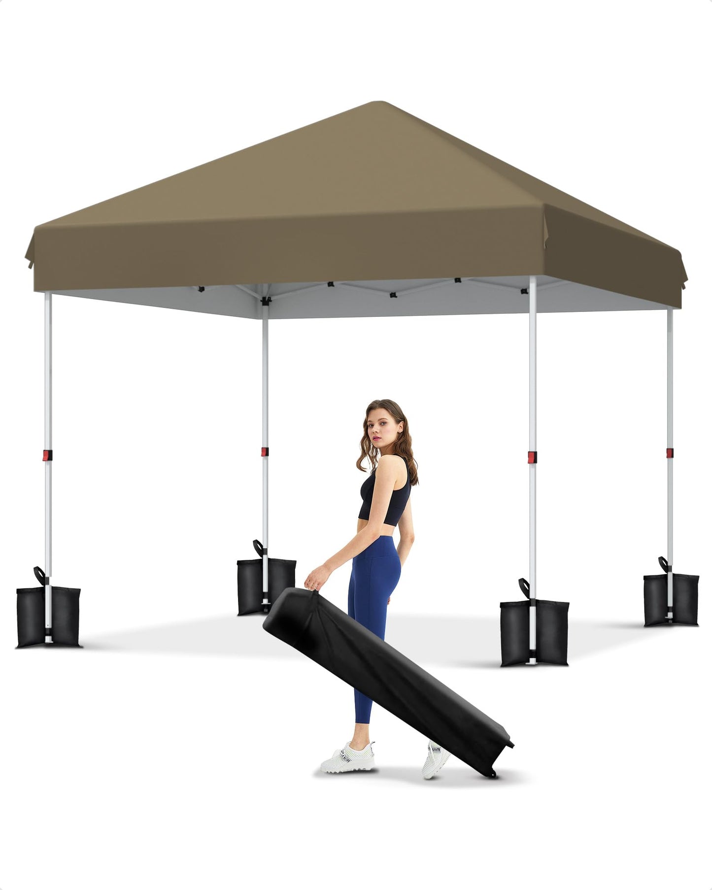 GarveeLife 10x10 Pop Up Canopy with One Button Push Setup - Heavy Duty Outdoor Canopy Tent with Portable Roller Bag - 3 Adjustable Height, 4 Weight Bags, 8 Stakes & 4 Guy Ropes Included, Khaki
