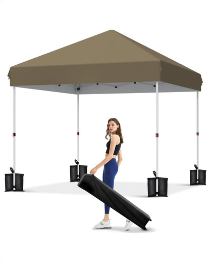 10x10 Pop Up Canopy with One Button Push Setup - Heavy Duty Outdoor Canopy Tent with Portable Roller Bag - 3 Adjustable Height, 4 Weight Bags, 8 Stakes & 4 Guy Ropes Included, Khaki