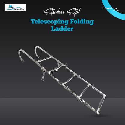 MARINE CITY 2+3 Step Telescoping Folding Ladder – 304 Grade Stainless Steel, 400 lb Capacity – Compact, Sturdy Design for Easy Installation on Boats, Pontoons, RVs, and Ships