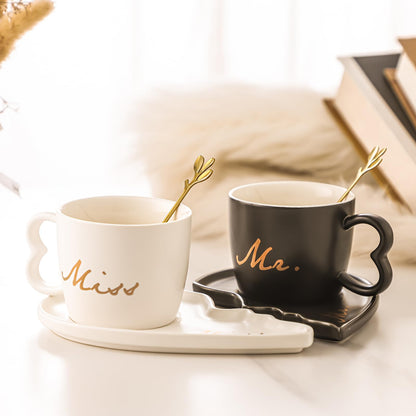 DELARLOCHEF 6Oz Mr and Mrs mug Heart Shaped Ceramic Mugs with Saucer & Golden Spoon. Perfect for Engagement, Wedding.Couple Mugs Graduation gifts father's day gifts