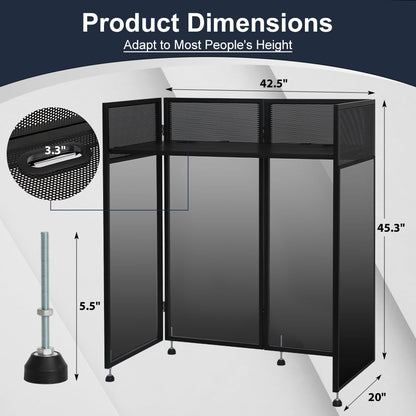 Kokorona Portable DJ Booth 43"L x 20"W x 45"H, DJ Facade Booth with Black & White Scrims, Folding DJ Booth for Party, DJ Facade Table Booth with Cable Hole, Black Metal Frame + Carry Bag
