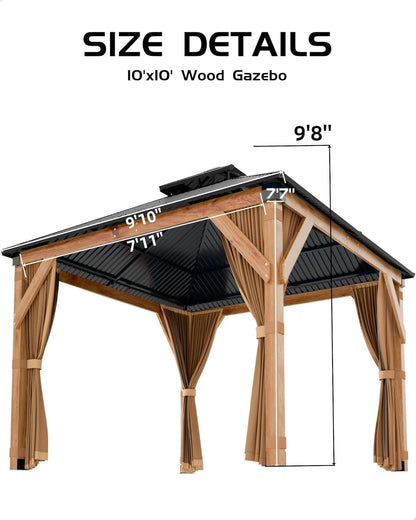 10x10FT Heavy Duty Hardtop Wood Gazebo, Double Metal Roof, Reinforced Spruce Structure, Waterproof Pergola Pavilion with Curtains & Mosquito Net for Outdoor Patio, Deck, Yard