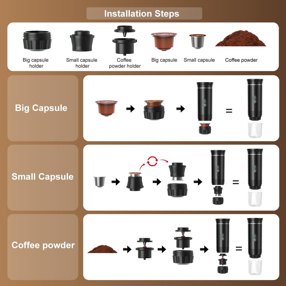 Portable Espresso Maker and Metal Stand Set, Self-Heating Travel Coffee Machine, Rechargeable Coffee Maker with Digital Display, 3-in-1 for Ground Coffee & Capsules, Camping RV Office