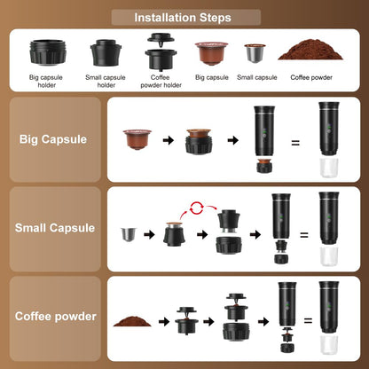 Portable Espresso Maker and Metal Stand Set, Self-Heating Travel Coffee Machine, Rechargeable Coffee Maker with Digital Display, 3-in-1 for Ground Coffee & Capsules, Camping RV Office