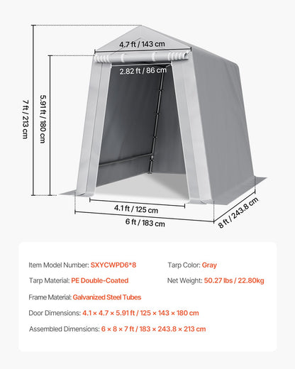 VEVOR 6x8x7 FT Heavy-Duty Portable Outdoor Storage Shed Tent, Waterproof Carport Garage Shelter with Roll-Up Zipper Door & Vents, UV-Resistant Canopy for Motorcycle, Bike, Lawn Mower, Tools, Gray