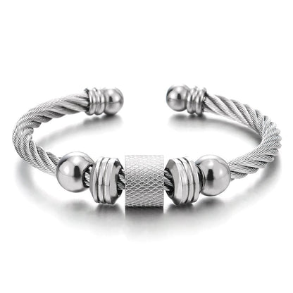 COOLSTEELANDBEYOND Steel Twisted Cable Cuff Bangle Bracelet for Men Women with Beads Charms, Polished Adjustable