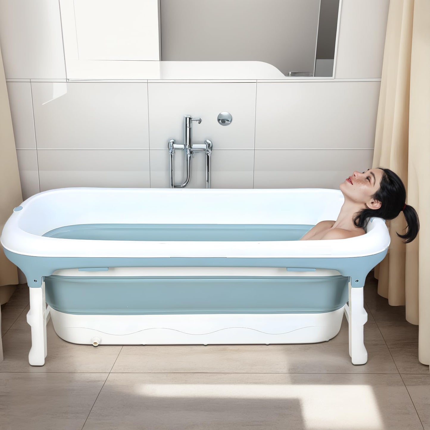 50" Foldable Bathtub for Adults, Large Portable Bath tub with Storage Basket, 1.3 Meter Foldable Bathtub with Thermal Cover for Indoor/Outdoor Use (Blue-50in)