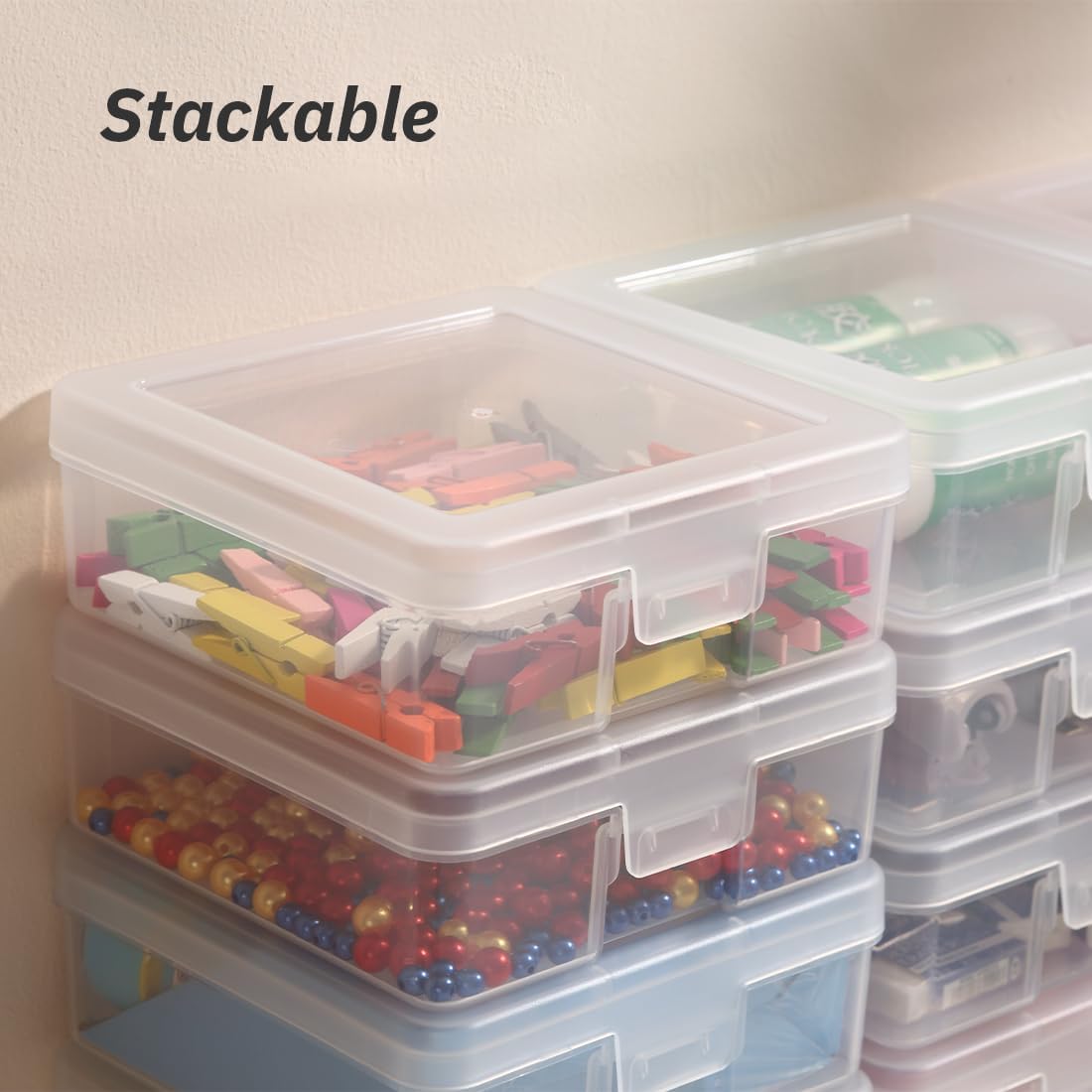 Storage Containers 12-Pack by [Brand Name] - Clear Stackable Plastic Boxes with Latching Lid | 5” x 5” x 1.9”