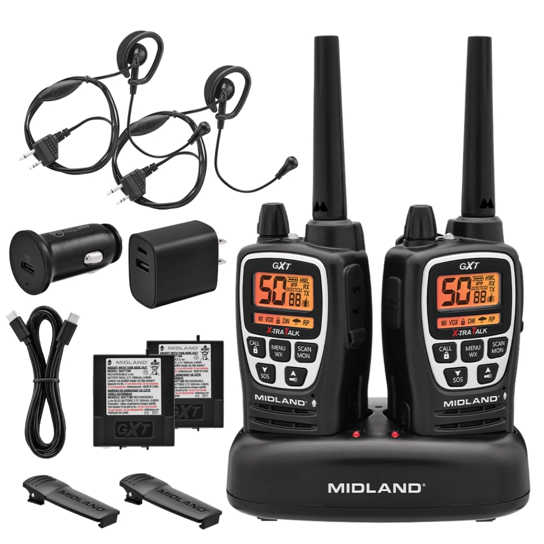 Midland GXT3000 GMRS Two-Way Radio (50-Channel, Repeater Capable, Long Range, 142 Privacy Codes, SOS, NOAA, Rechargeable Lithium Ion Battery, Black/Silver, 2-Pack)