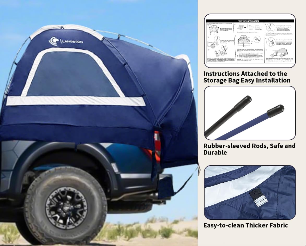 Lanceton Pickup Truck Tent, Fit 6.5 Foot Truck Bed, Waterproof PU3000mm high Density Polyester Oxford, Windproof Pole and Insect-Prevention Double Layer Mesh Window & Door, Unique Rear Window Pipe