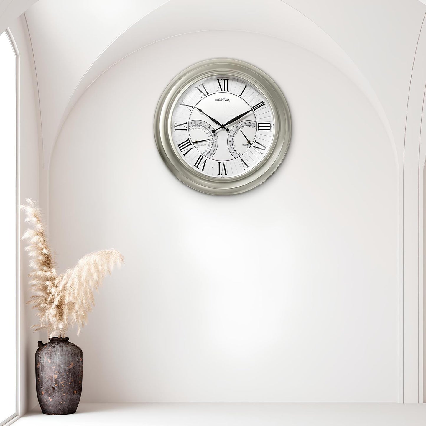 FOUNTAIN DESIGNS 24 Inch Outdoor Clocks Waterproof, Self-Illuminated Large Outdoor Clock with Thermometer and Hygrometer Combo for Patio,Pool and Garden Decor,Roman Numeral,Morning Silver