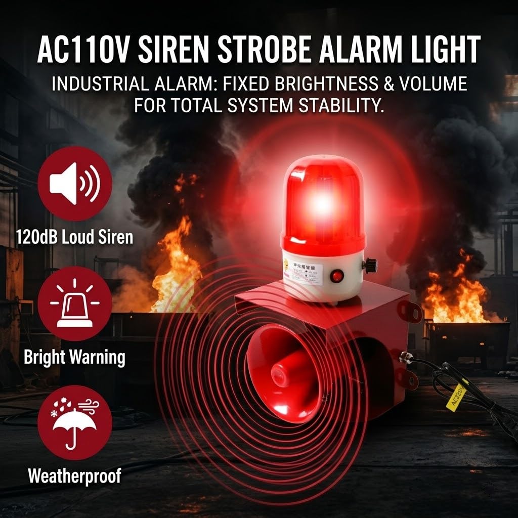 BOVZOR Industrial Siren Alarm Strobe Light Compatible with Factory and Gantry Crane Systems, AC 110V 120dB Loud Industrial Siren with Red Strobe Warning Light, IP55 Weather-Resistant Emergency Beacon