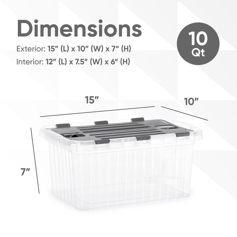 Superio Clear Storage Boxes with Hinged Lids, 10.5 Quart, Plastic Container Bins for Organizing, Stackable Crates, BPA Free, Organizers