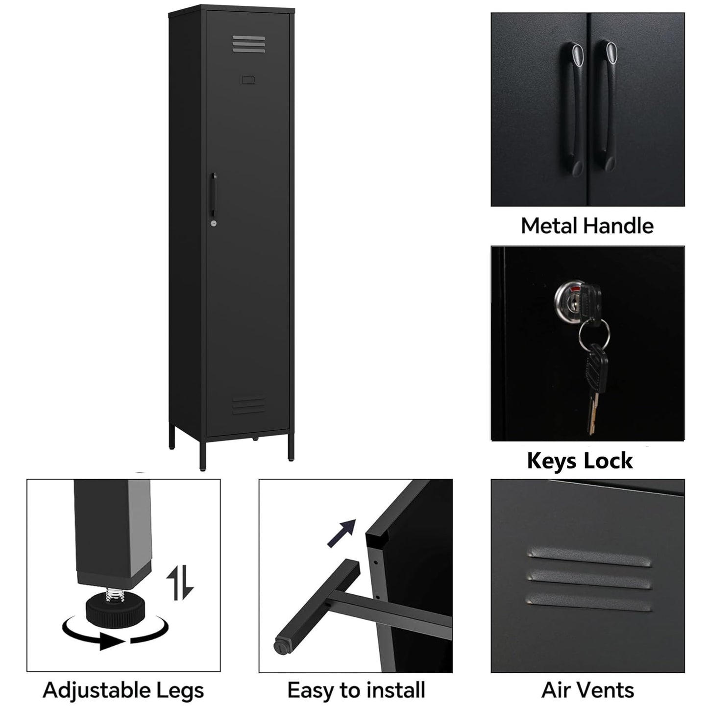 Elitehouse Tall Single Door Metal Locker with Adjustable Shelves, Black Tall Metal Locker Storage Cabinet，Easy Assembly for Living Room （15.8”W x 15”D x 70.9”H ）