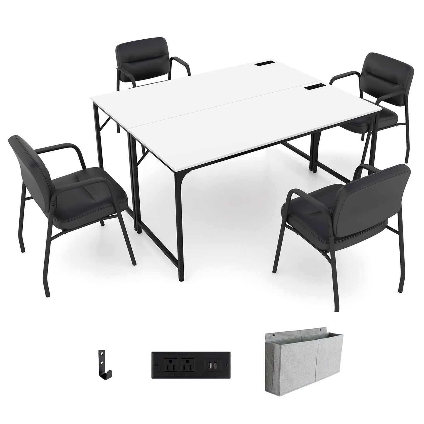 Giantex 10 FT Conference Table with Charging Station, 2 PCS 60" x 24" Rectangular Large Meeting Room Desk with Storage Bag & Hook, Space Saving Seminar Table, Modern Office Computer Desk for 4 People